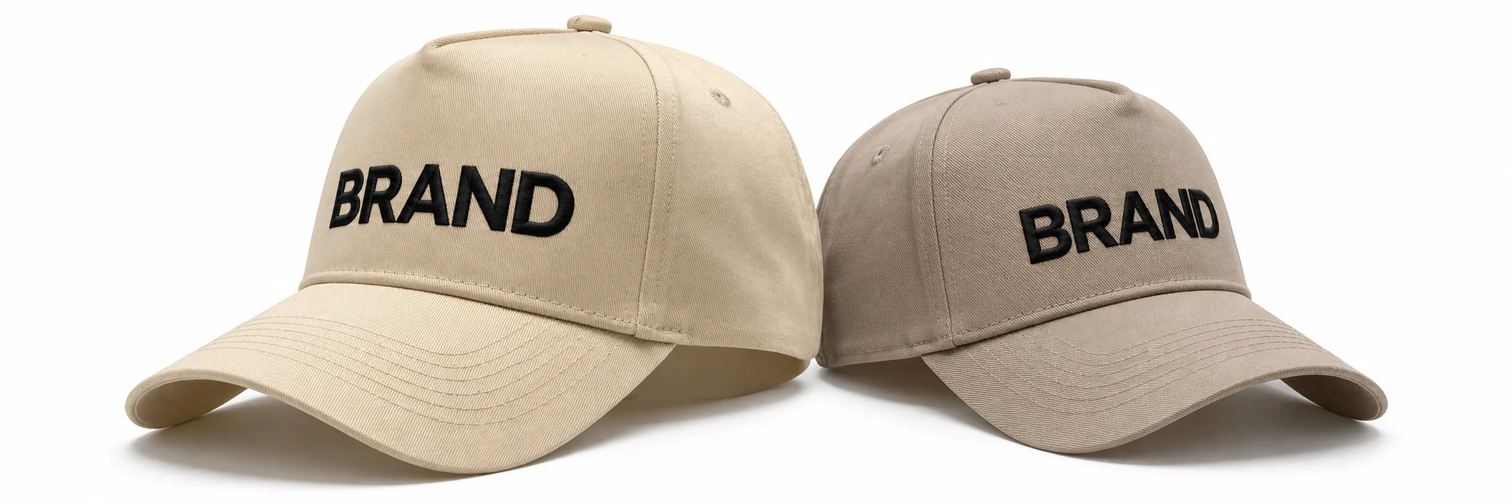 Taupe and beige embroidered cotton caps arranged on a white background