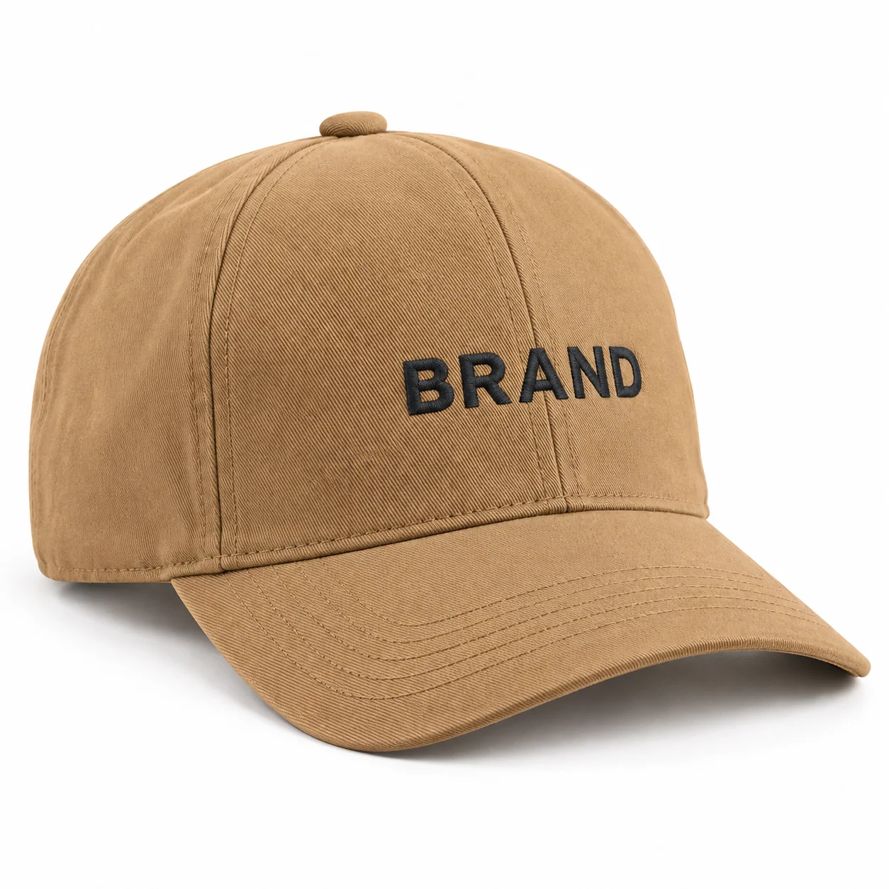Tan cotton baseball cap with a curved brim and dark embroidered front lettering