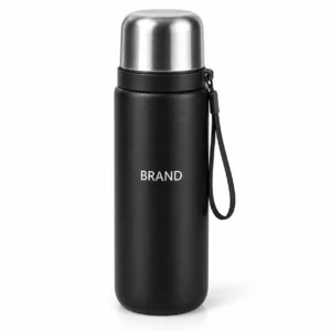 Black cylindrical flask with a metallic cup-shaped lid and wrist strap