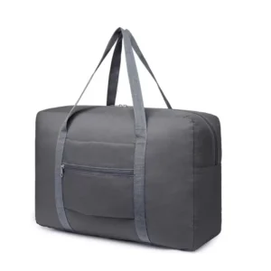 Gray rectangular gym duffel bag with long webbing handles and a front horizontal zippered pocket