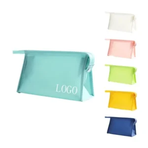 Aqua frosted cosmetic pouch beside smaller white, pink, lime-green, yellow and navy color examples