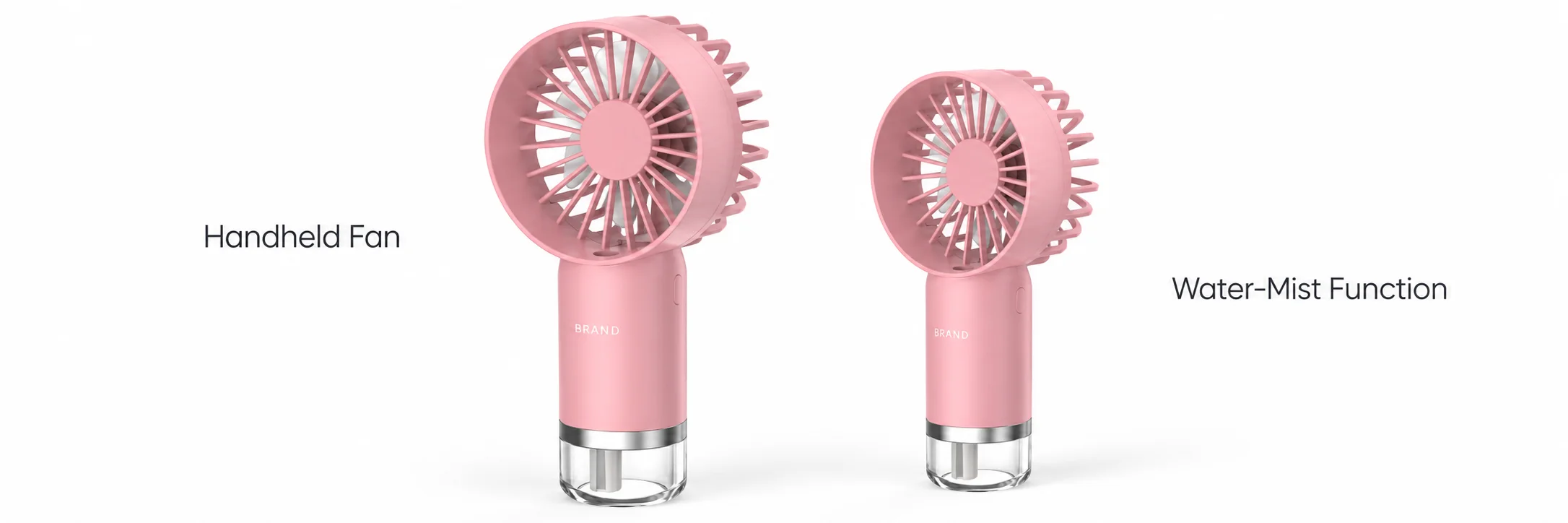 Pink handheld mist fan shown from two angles with its transparent base reservoir