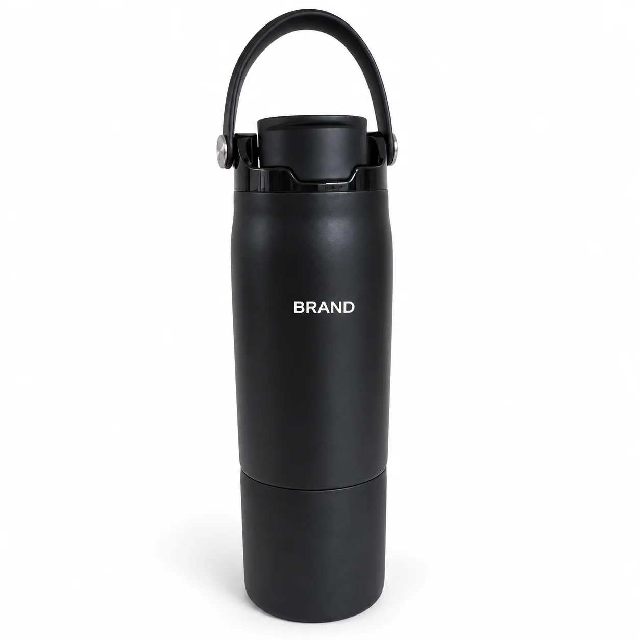 Black insulated sports bottle with a tall arched carry handle and contoured body