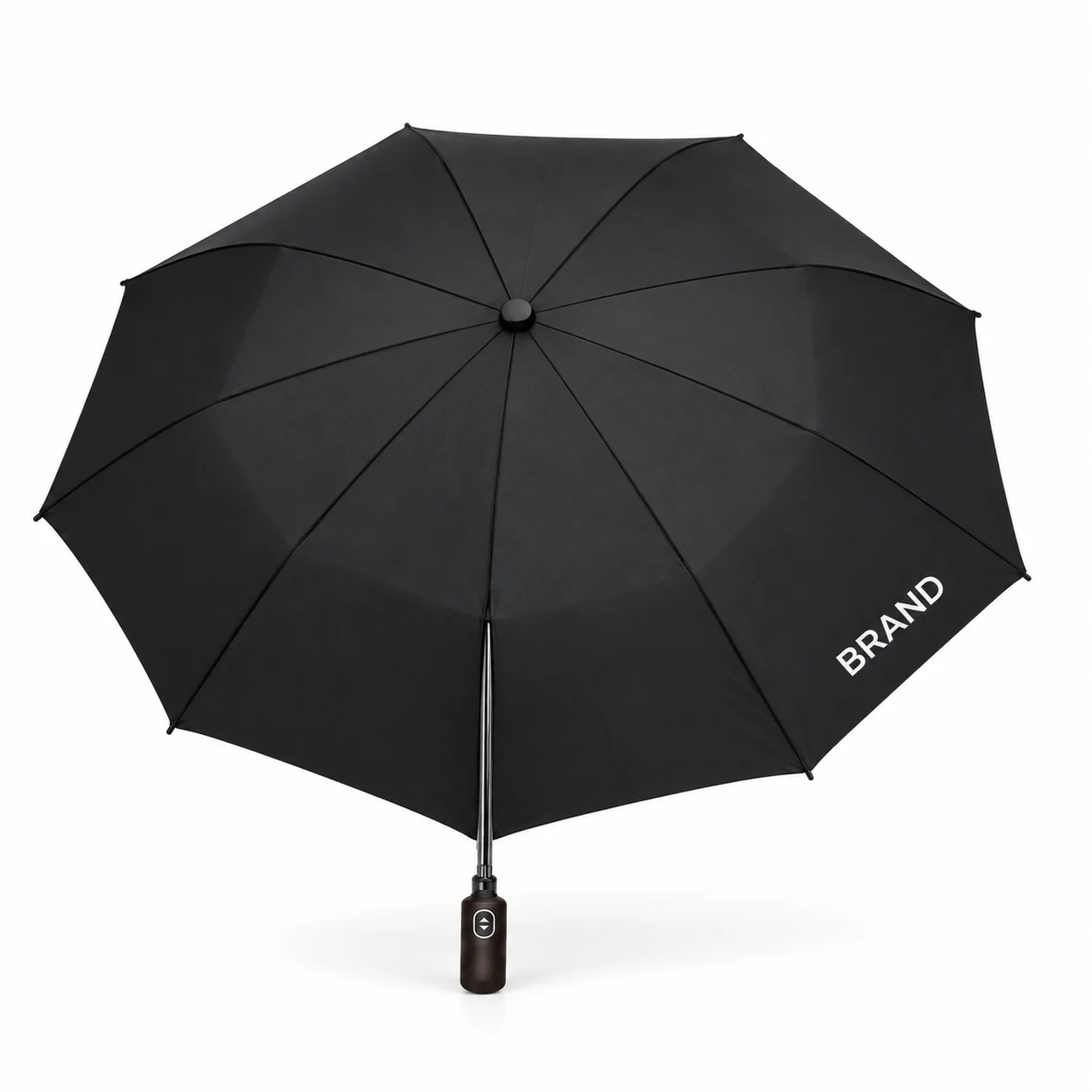 Open black golf umbrella with personalized canopy lettering, a straight shaft and brown handle