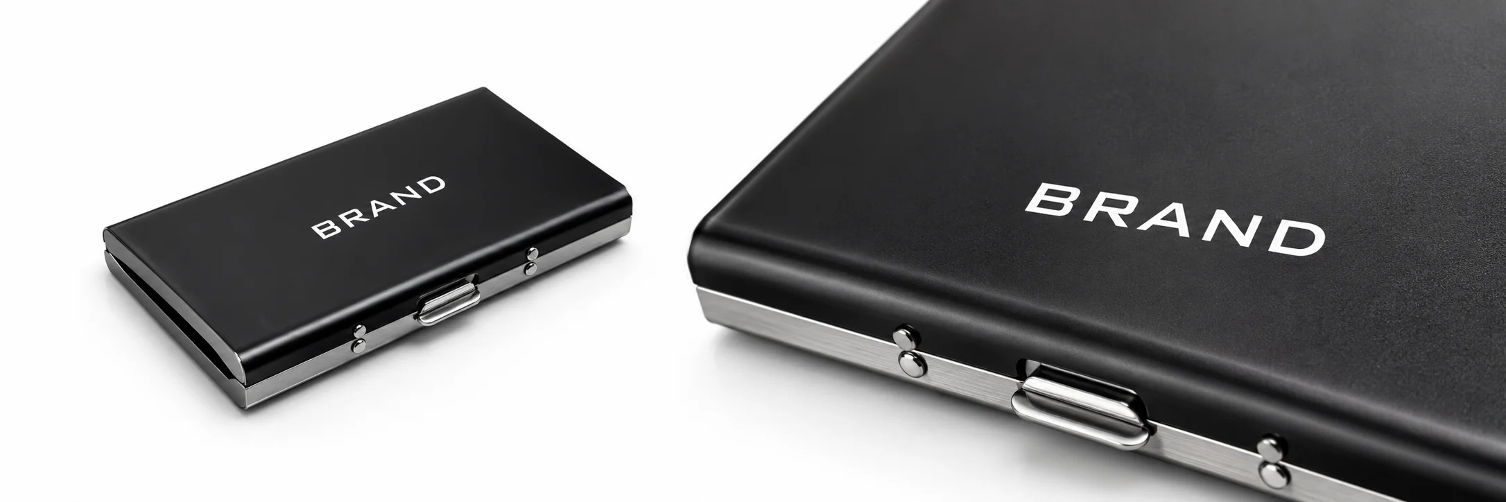 Custom lettering shown directly on a black metal business card holder