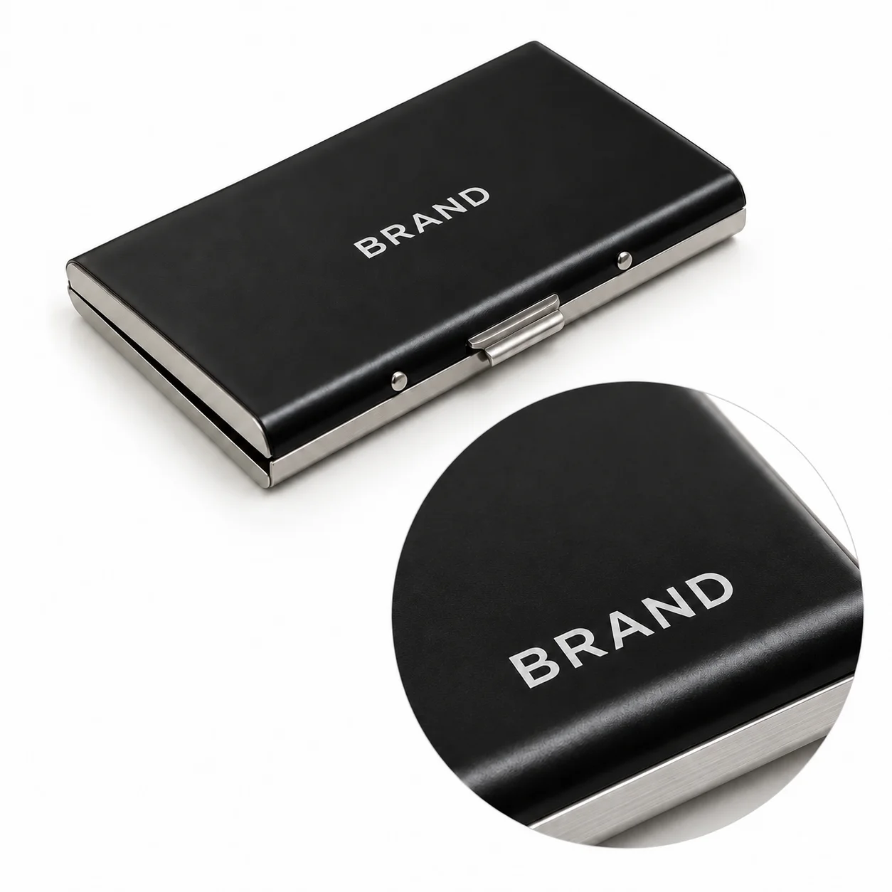 Black metal business card holder with custom lettering on the outer panel