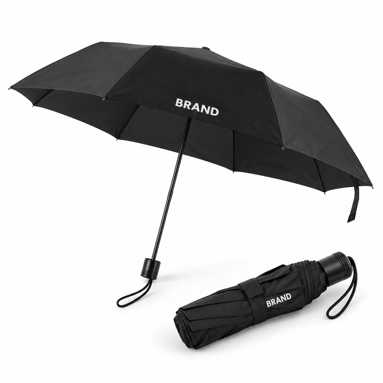 Manual folding umbrella shown open beside a folded version with personalized lettering