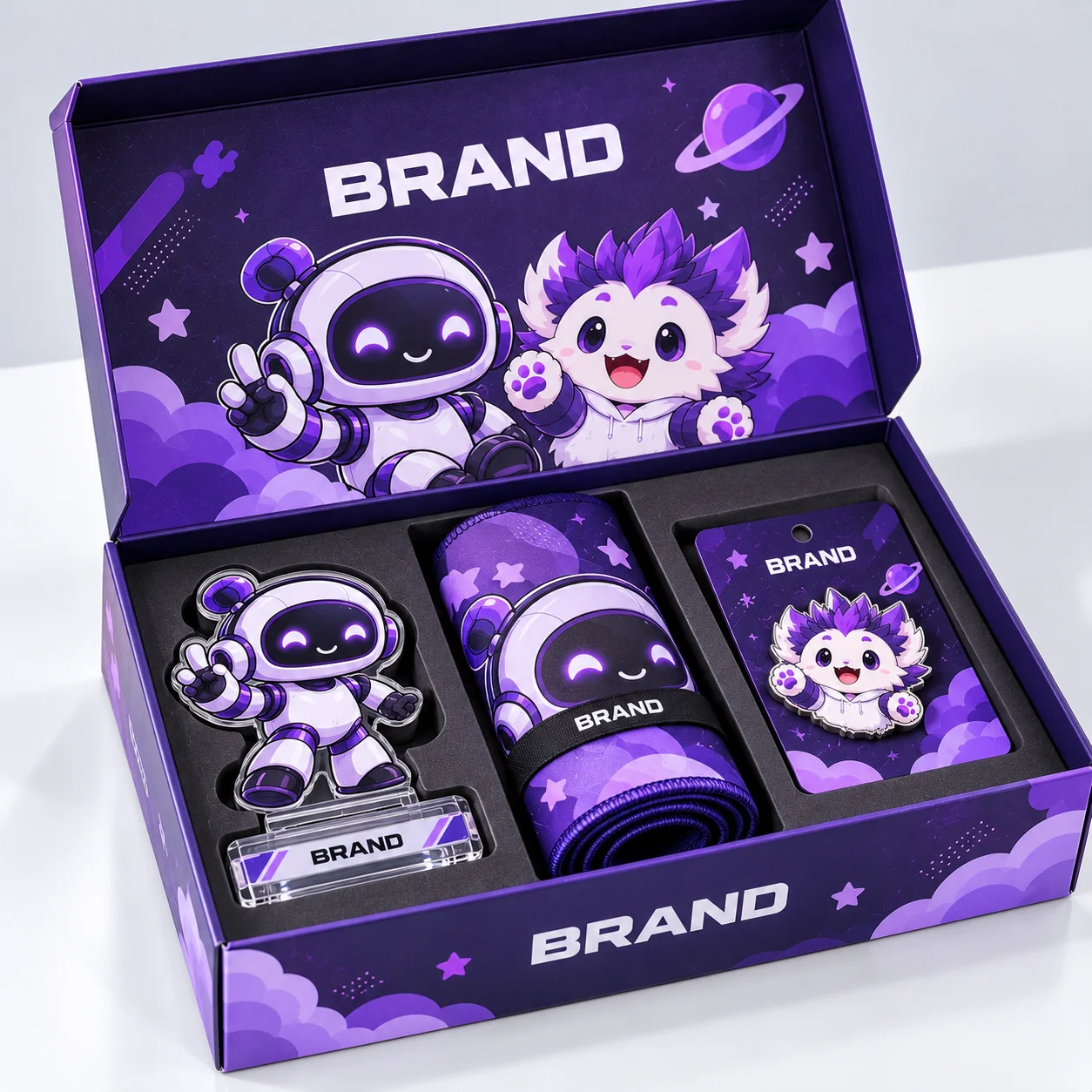 Open merchandise box containing an acrylic standee, rolled gaming desk mat and enamel pin.