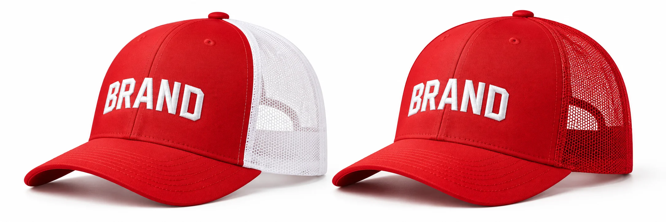Red-and-white and all-red trucker caps displayed on a white background