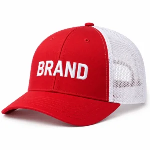 Red trucker cap with white mesh panels, curved brim and white embroidered lettering