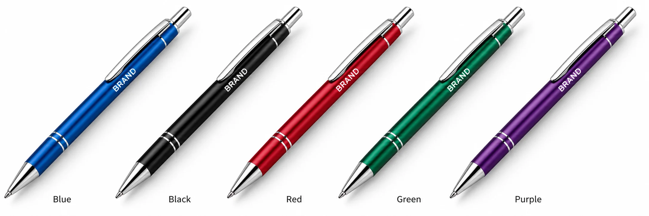 Five matching metal ballpoint pens in blue, black, red, green and purple