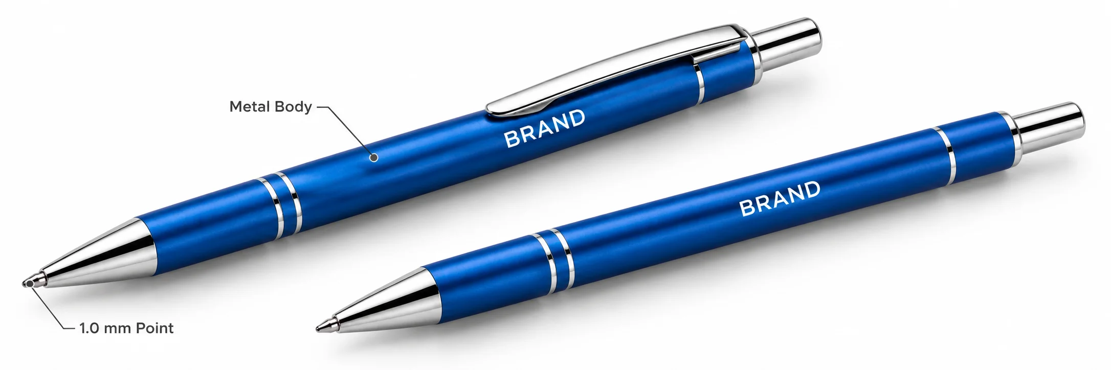 Blue metal ballpoint pen overview showing the barrel, clip and 1.0 mm writing tip