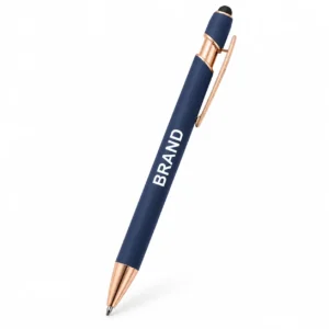 Navy blue metal ballpoint pen with stylus end and rose-gold-tone fittings