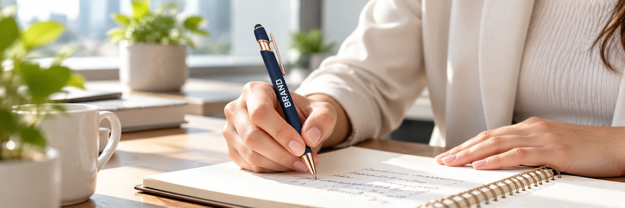 Person writing office notes with a navy blue metal stylus pen