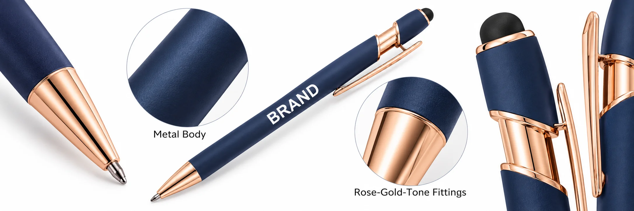 Navy metal stylus ballpoint pen overview showing the tip, stylus end and clip