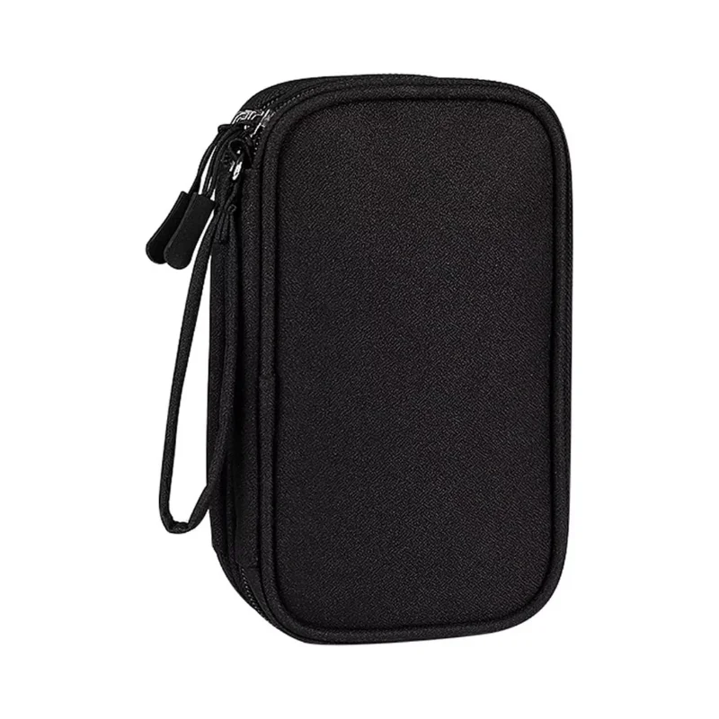 Closed black rectangular tech organizer bag with rounded corners and a zipper pull