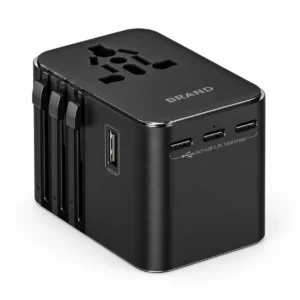 Black multi-port travel adapter showing three USB-C ports, a side USB-A port and top socket openings