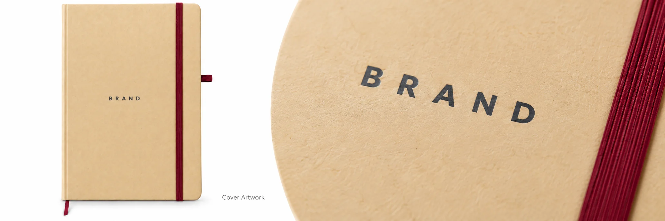 Beige notebook showing custom cover lettering clear of the burgundy elastic band