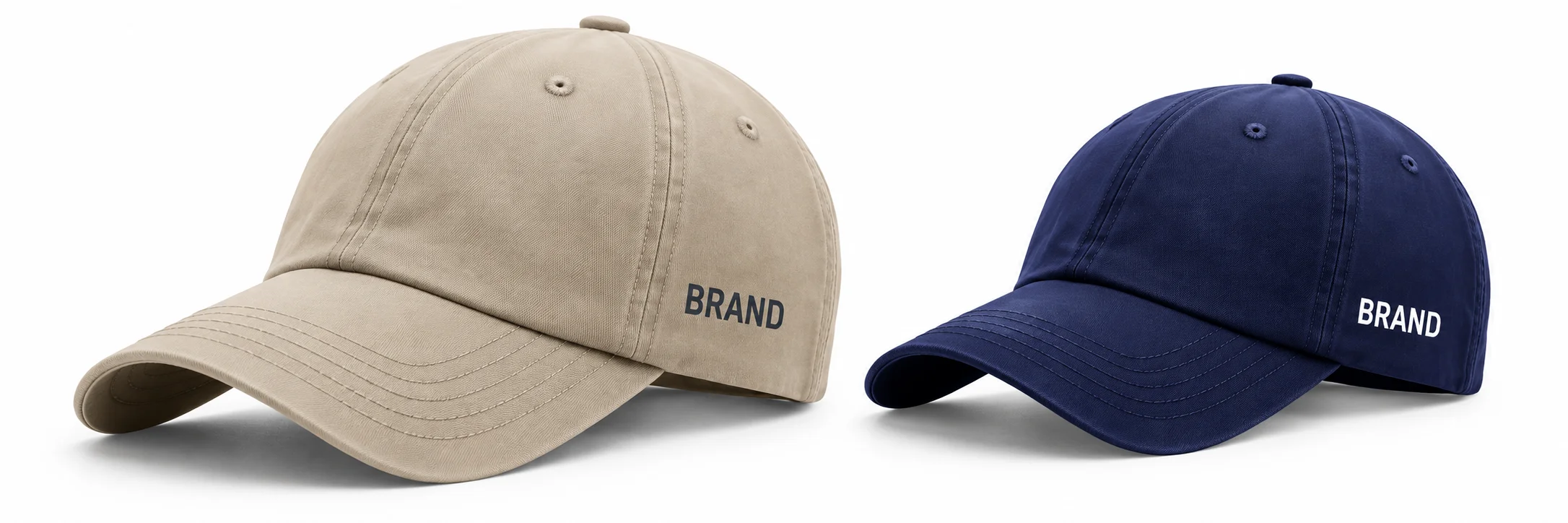 Beige and navy baseball caps with heat-transfer lettering on their left panels