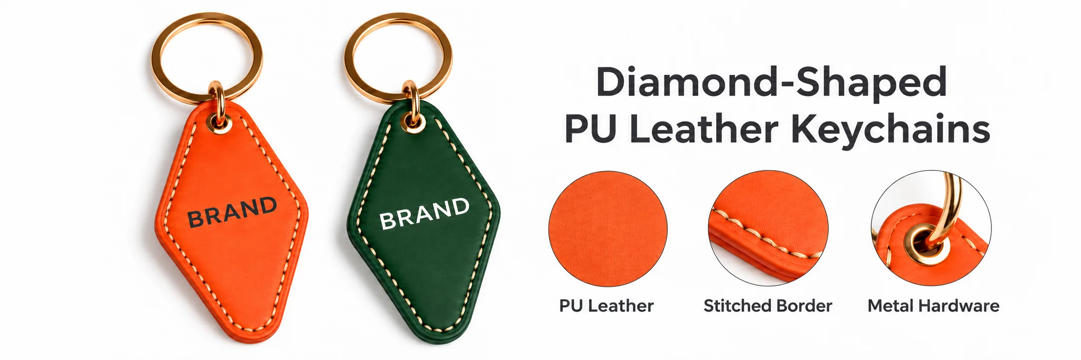 Orange and green PU leather keychains with labels for material, stitching and metal hardware