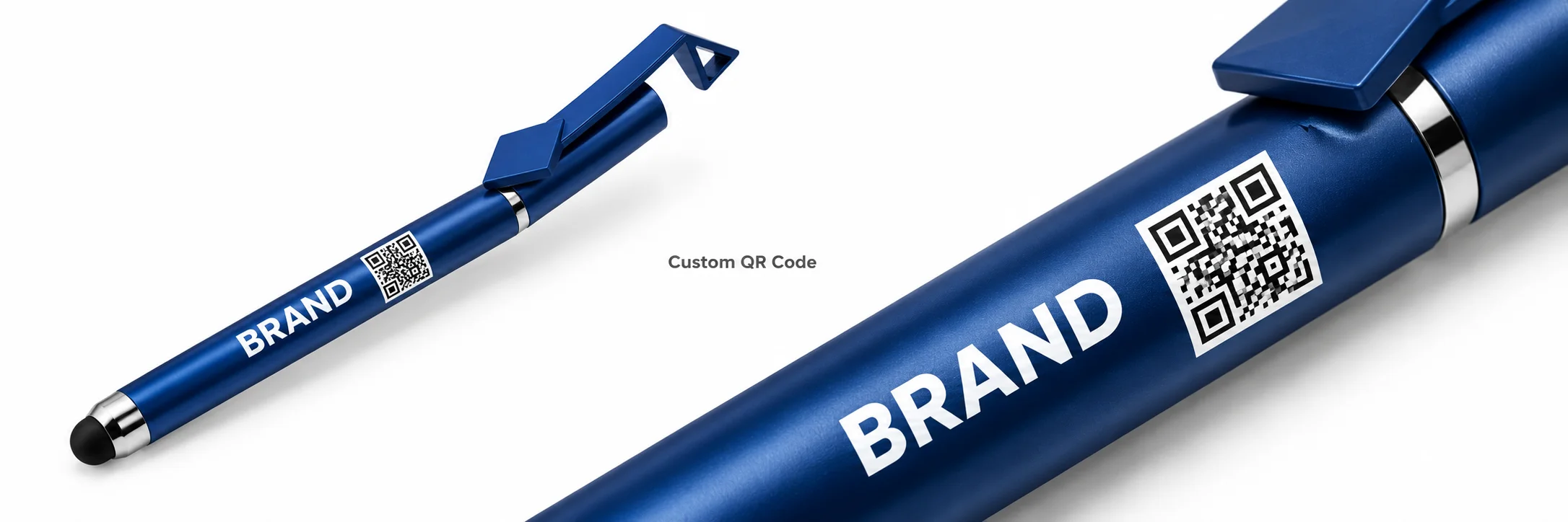 QR code printed directly on the barrel of a plastic stylus pen