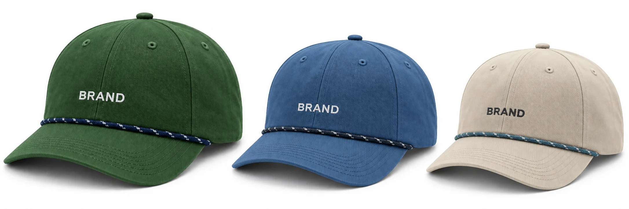 Green, blue and cream rope caps with embroidered front lettering