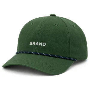 Green cap with contrasting rope trim and white embroidered front lettering