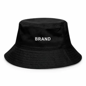 Black cotton bucket hat with white front lettering and a short stitched brim