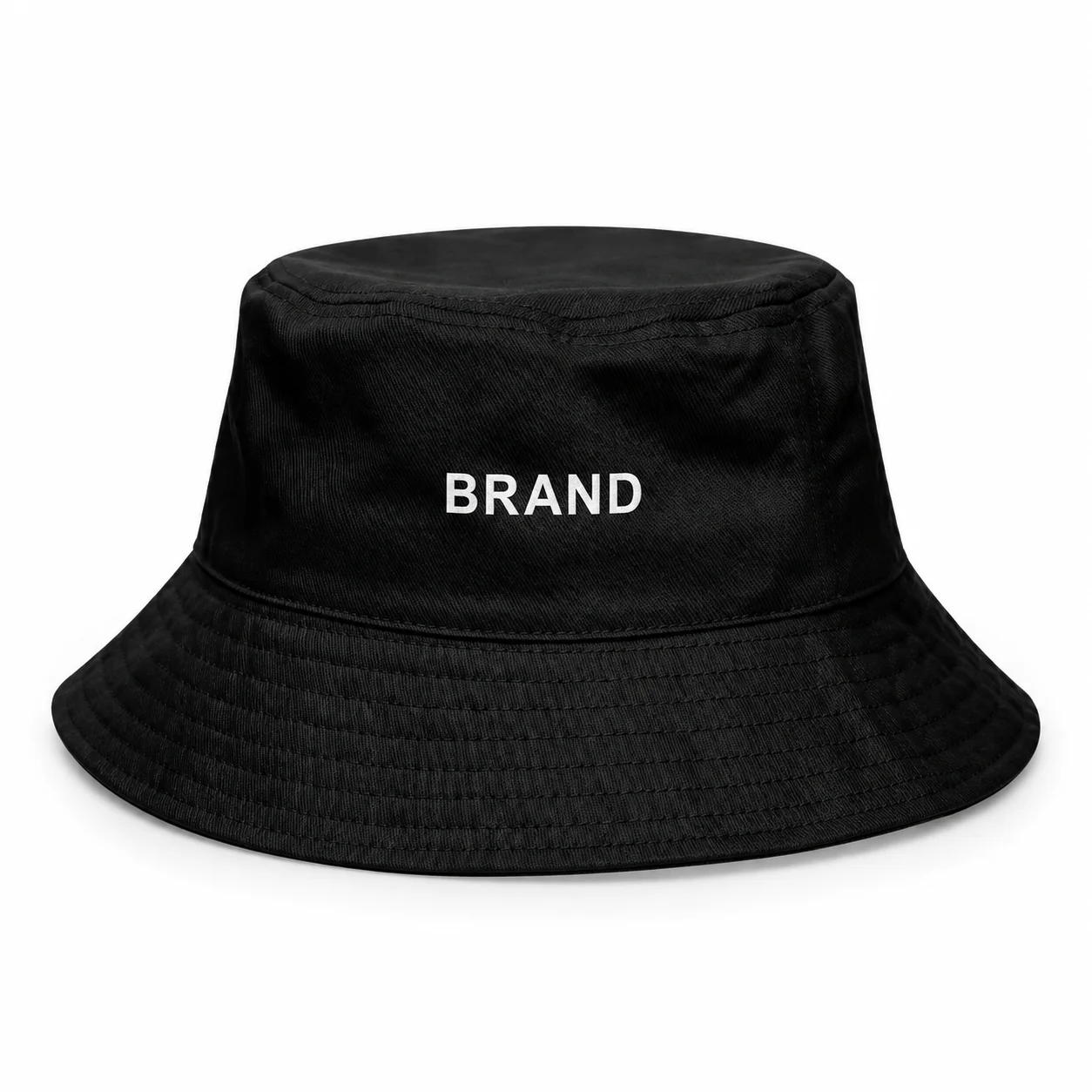 Black cotton bucket hat with white front lettering and a short stitched brim