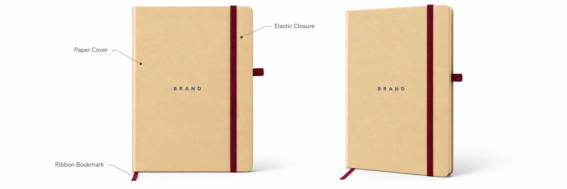 Beige notebook views showing burgundy elastic closure and ribbon bookmark