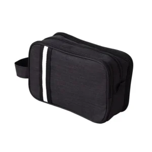 Black rectangular toiletry bag with two light vertical stripes, zipper closure and a side carry loop