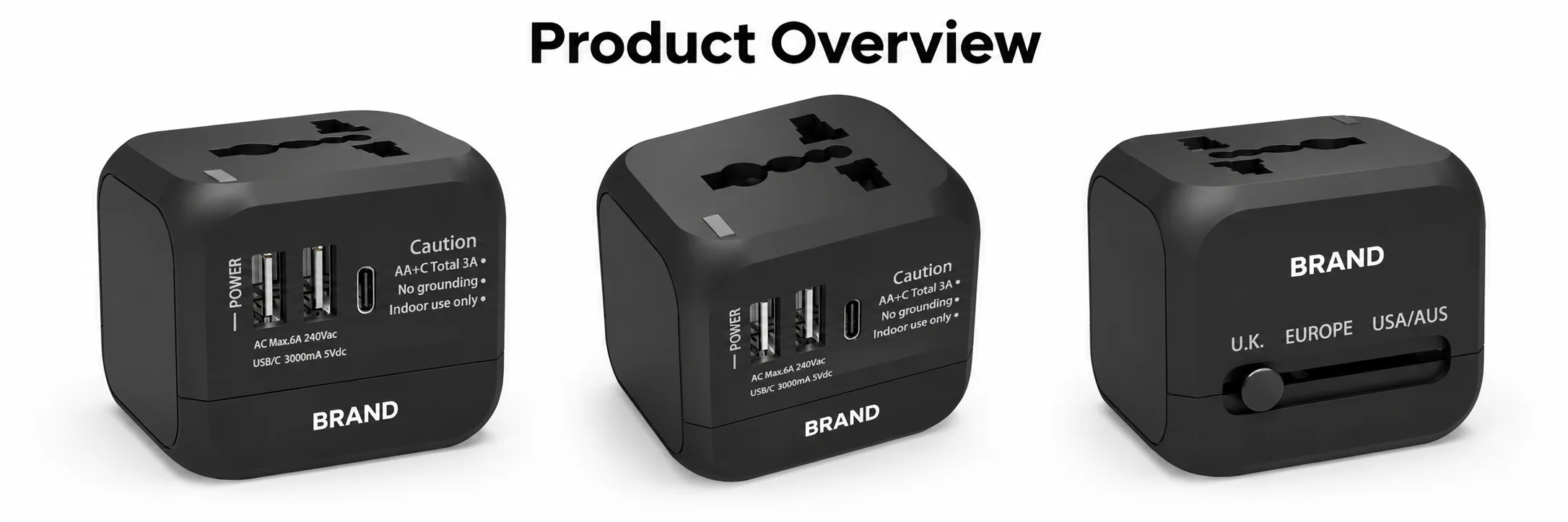 Custom Travel Adapters with USB Charging shown from three angles revealing the socket, USB ports and plug selectors