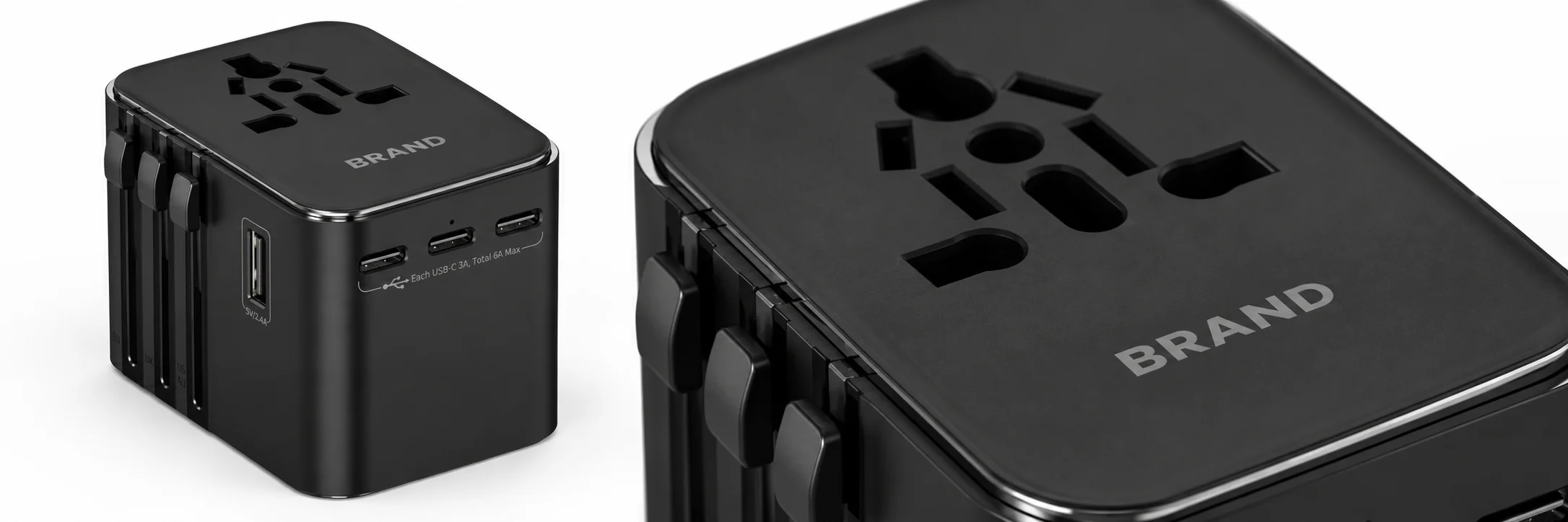 Black travel adapter beside a close-up of personalized artwork on its housing