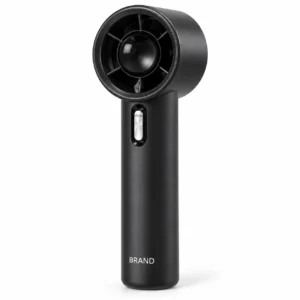 Black handheld fan with a cylindrical head, slim handle and white lettering