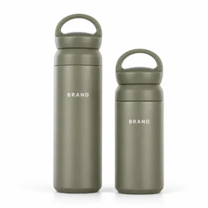 Two olive stainless steel vacuum flasks with loop-shaped lid handles