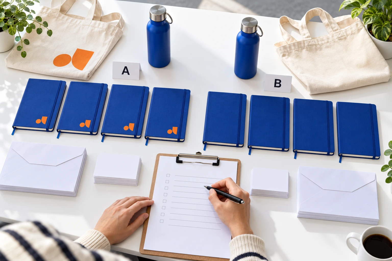 Top-down view of a person filling out a checklist between Option A customized notebooks and Option B plain notebooks.