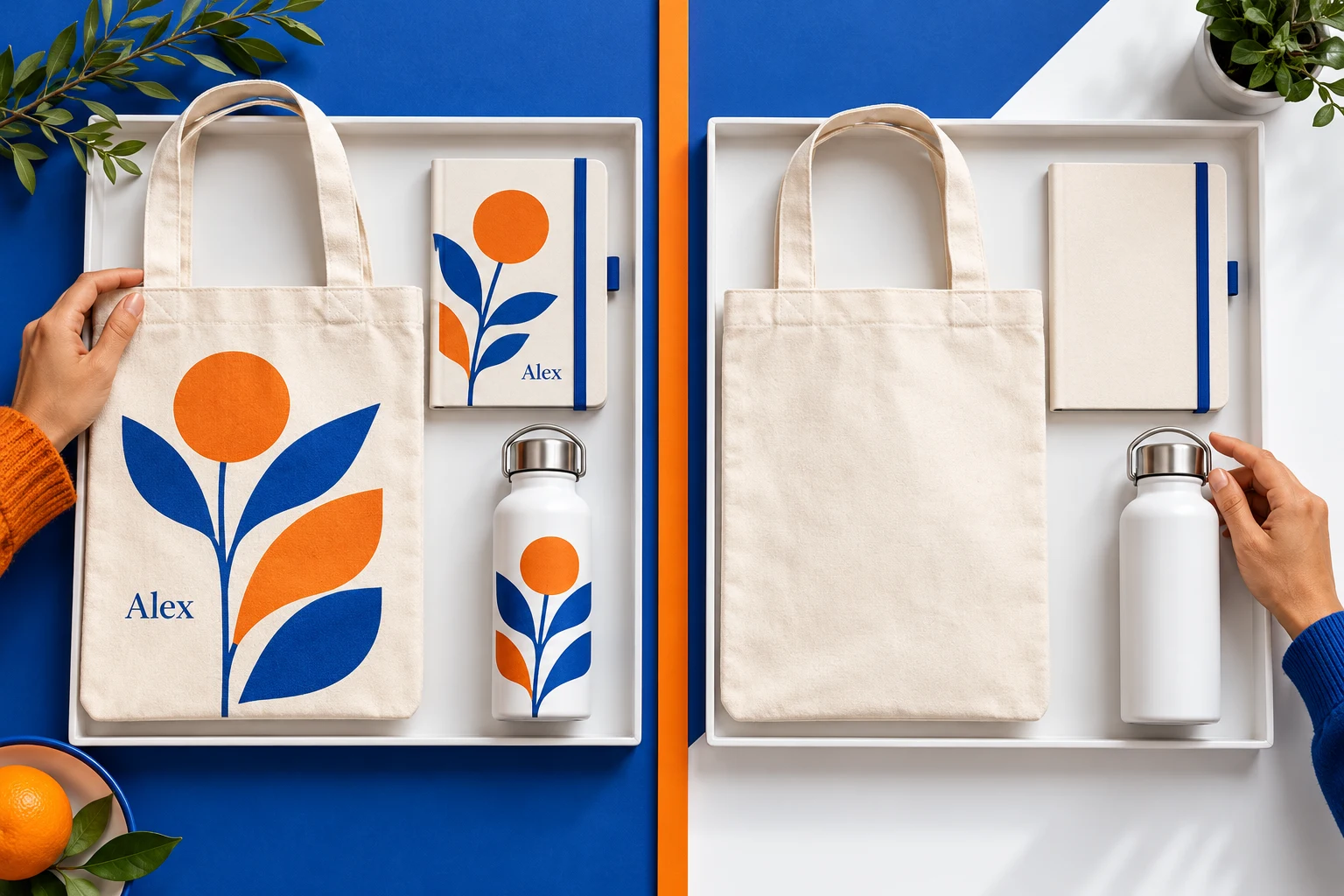 Side-by-side comparison tray showing a vibrant custom-printed gift set on the left and a plain unprinted set on the right.