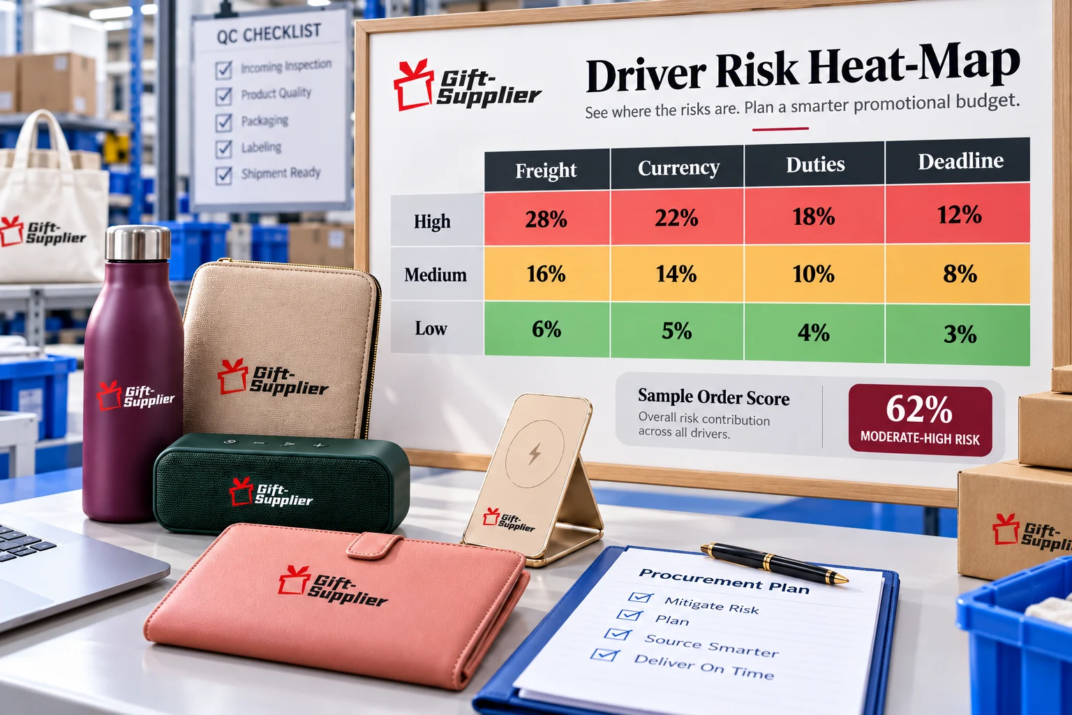 Heat-map grid scoring freight, currency, duties and deadline from low to high risk.