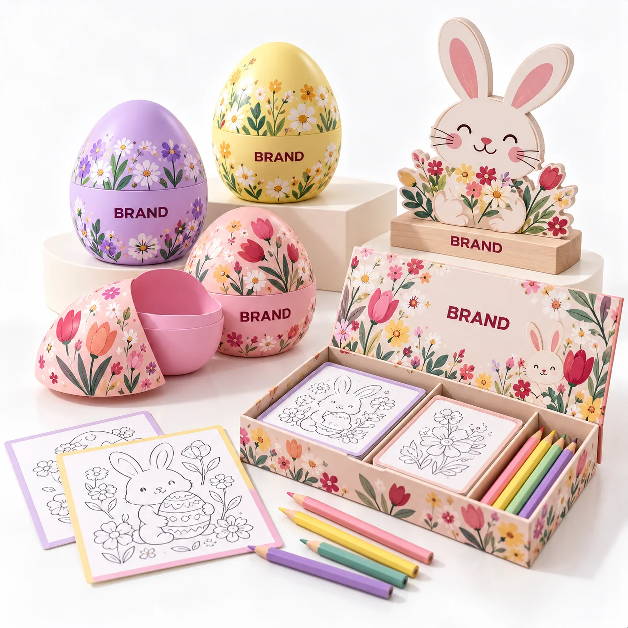 Pastel egg-shaped containers, bunny desk decoration and spring coloring activity set.