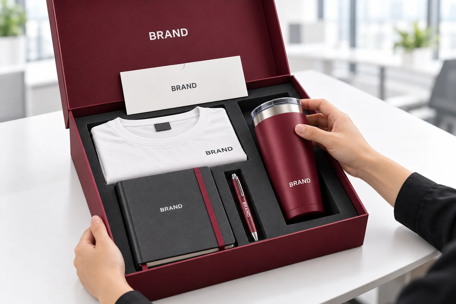 Hands reviewing a burgundy employee onboarding gift box with a T-shirt, notebook, pen, tumbler and welcome card
