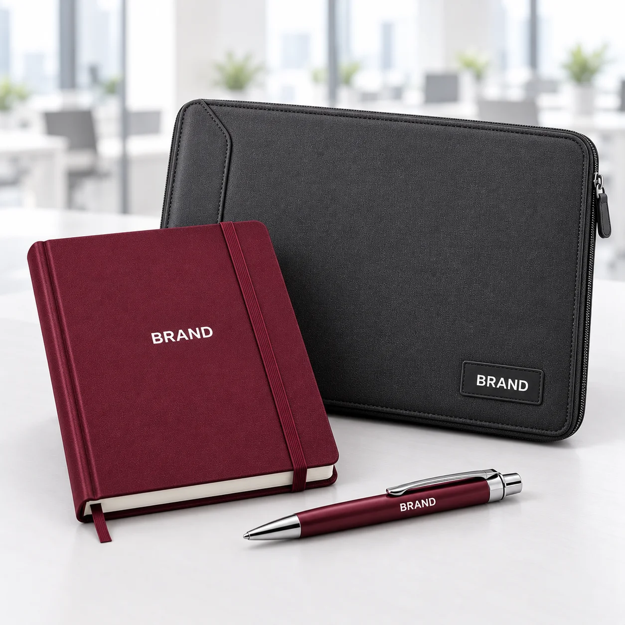 Charcoal notebook, metal pen and burgundy document folder with BRAND printing