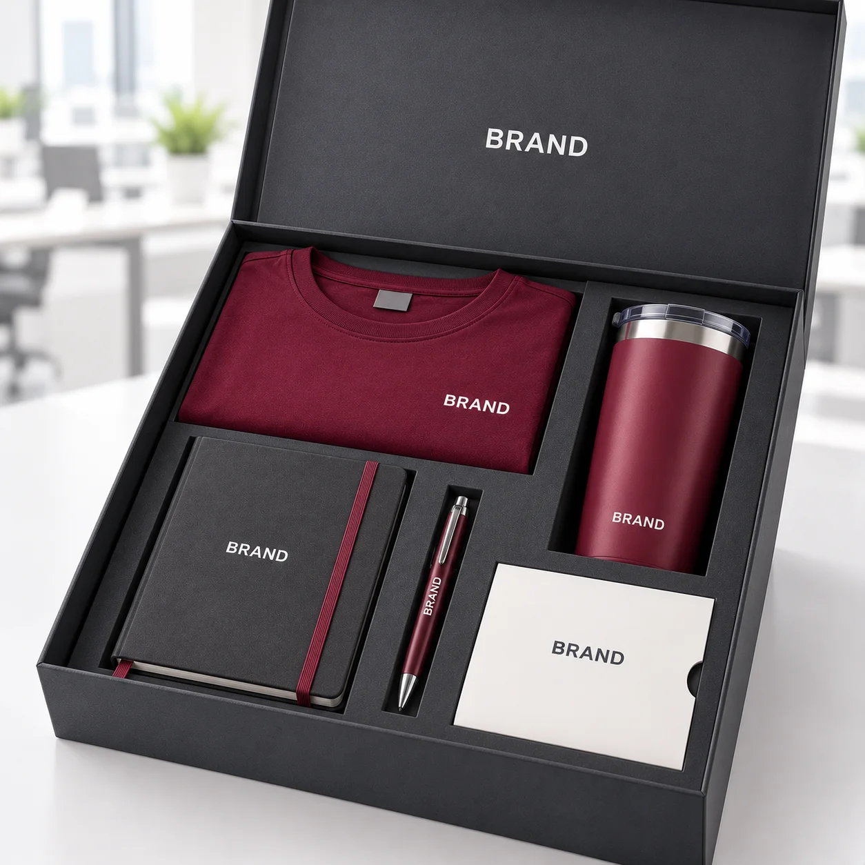 Open employee welcome box with a branded T-shirt, notebook, pen, tumbler and welcome card