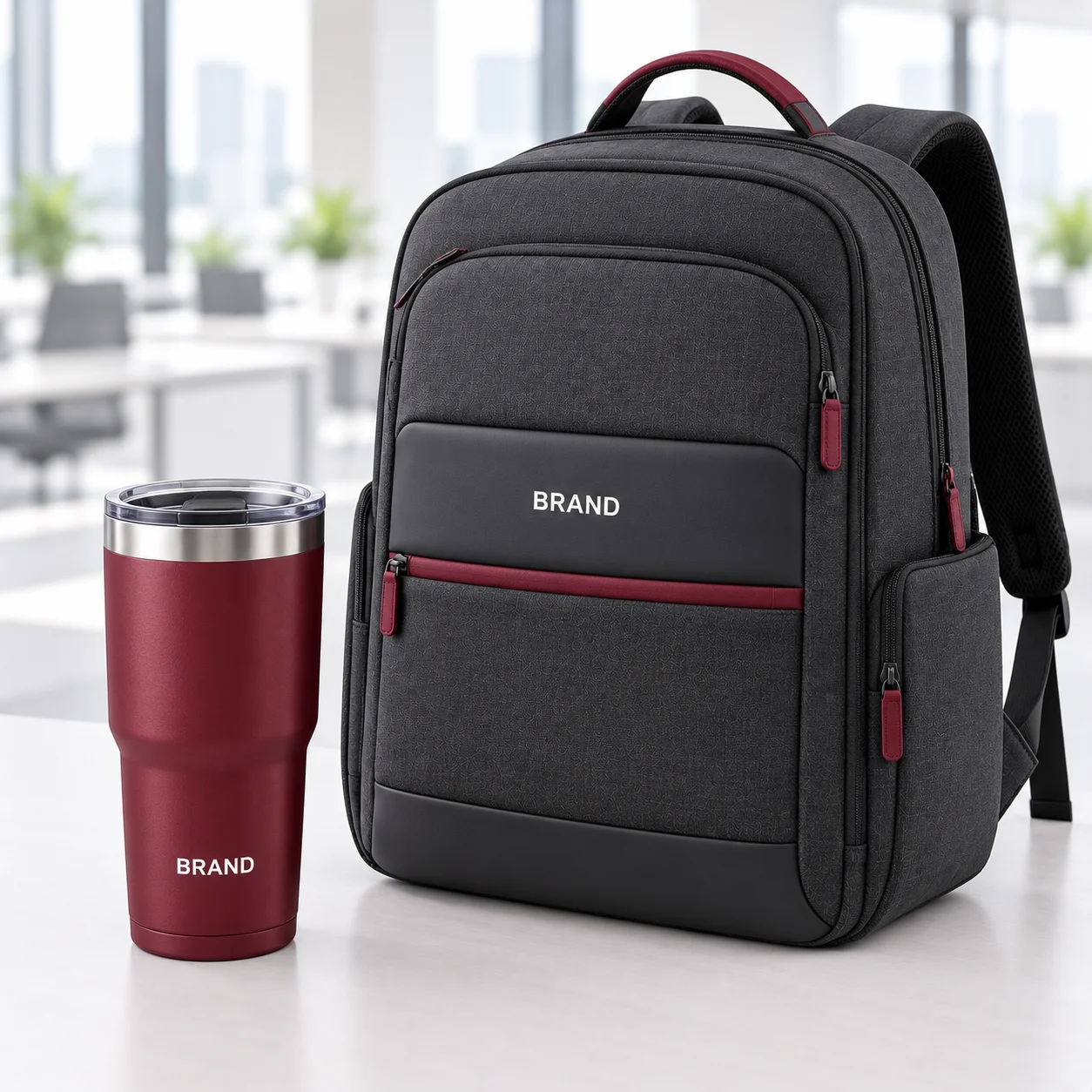 White insulated tumbler and charcoal laptop backpack with BRAND printing