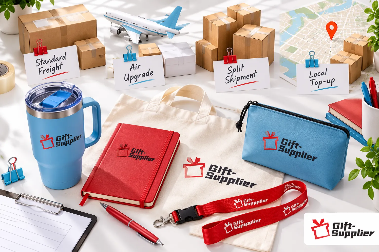 Display setup showcasing four shipping strategy cards labeled Standard Freight, Air Upgrade, Split Shipment, and Local Top-up above branded corporate gifts.