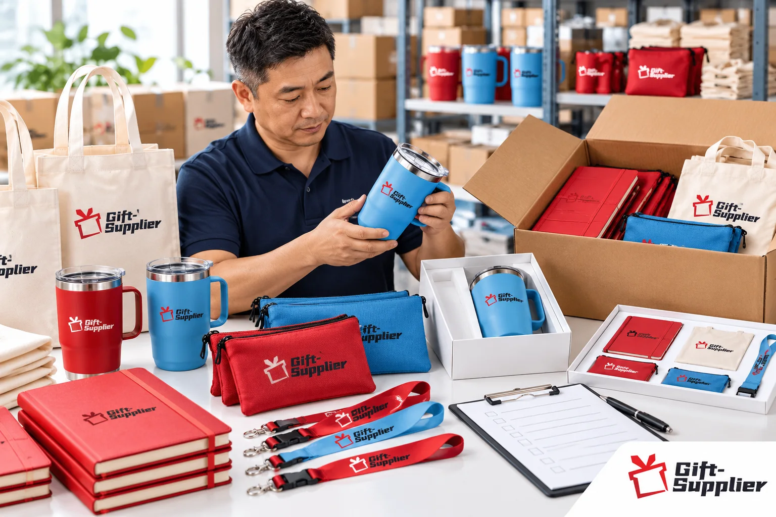 Quality inspector holding a blue insulated mug next to packed carton boxes, custom gift sets, and an inspection checklist clipboard.