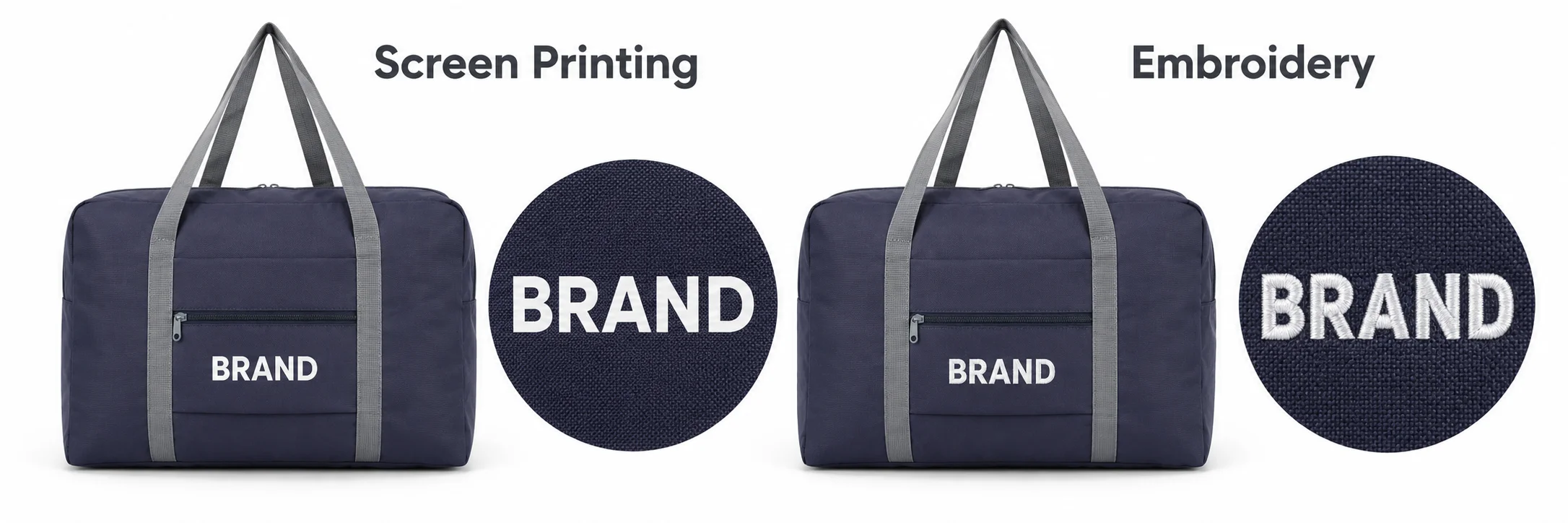 Navy duffel views showing white printed and embroidered lettering with enlarged finish details.