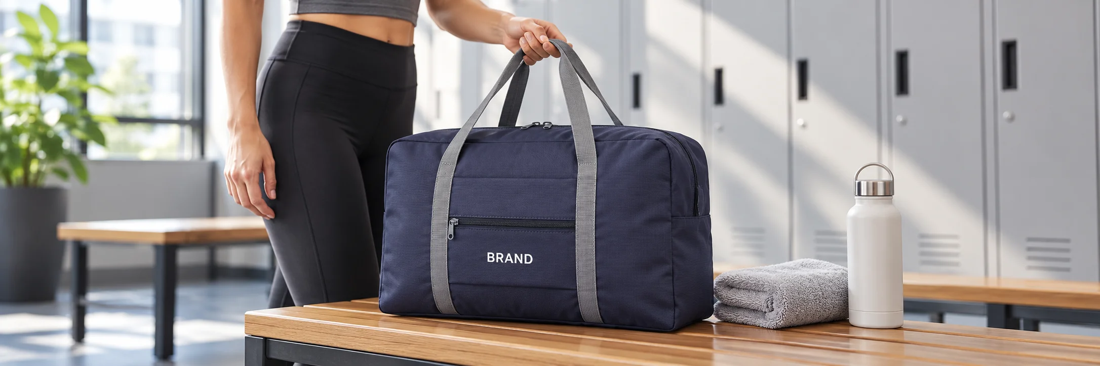 Person placing a navy duffel with gray handles on a gym bench beside a towel and water bottle.