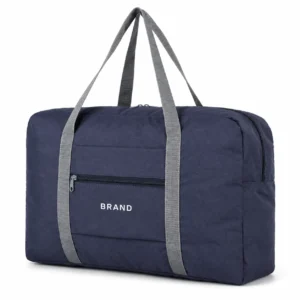 Navy polyester gym duffel with white lettering, long gray handles and a front zipper pocket.