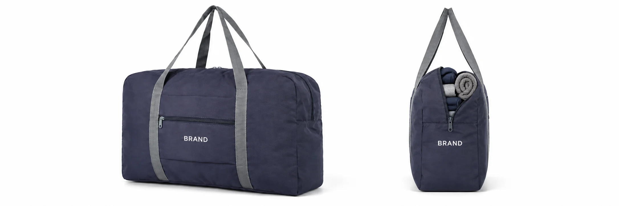 Front and side views of a navy gym duffel with gray handles and white lettering.