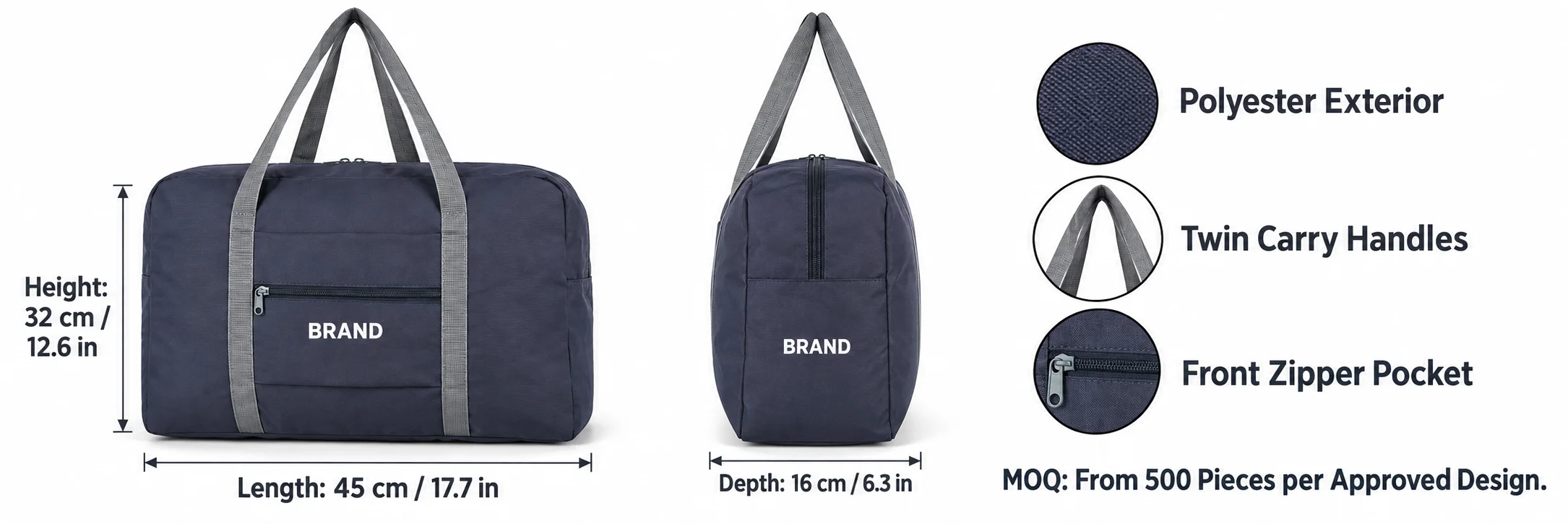 Navy gym duffel with product dimensions, material and carrying feature labels and minimum order information.